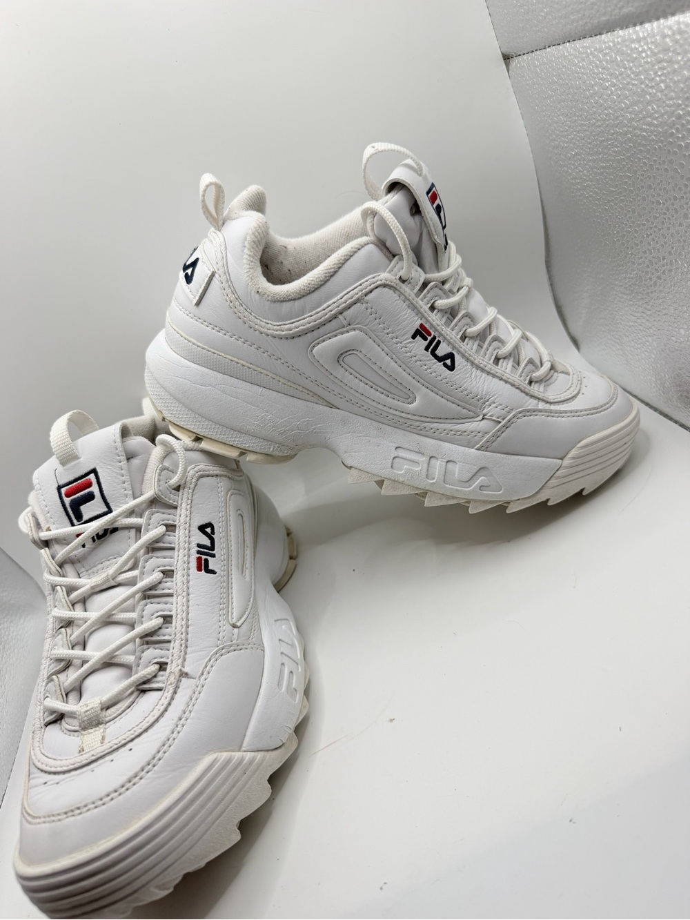 Fila White Leather Chunky Platform Sneakers with Red-Blue Logo